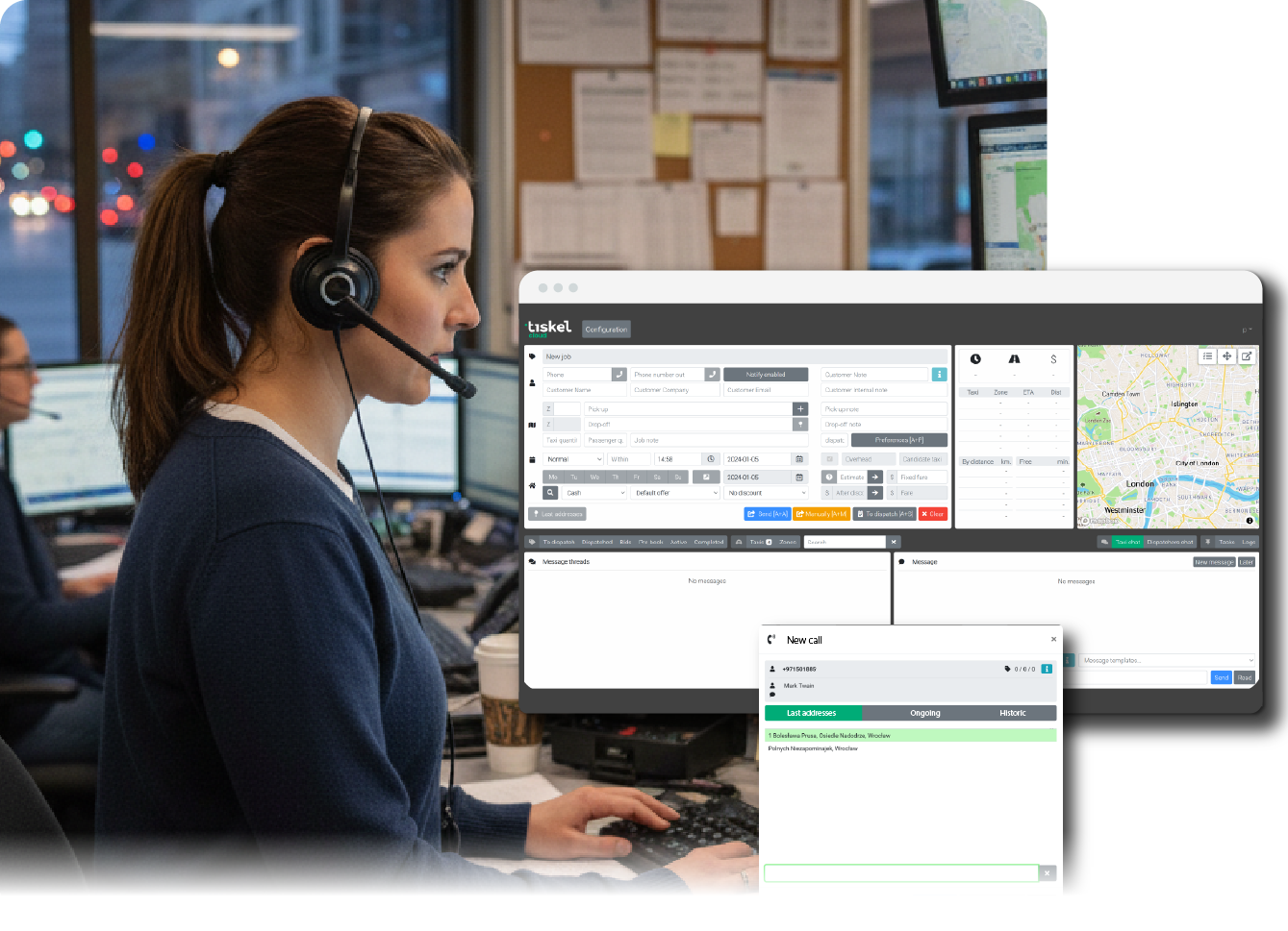 A dispatcher wearing a headset operating a taxi dispatch system. The screens display charts, a map with taxi icons, and an interface for managing orders and drivers