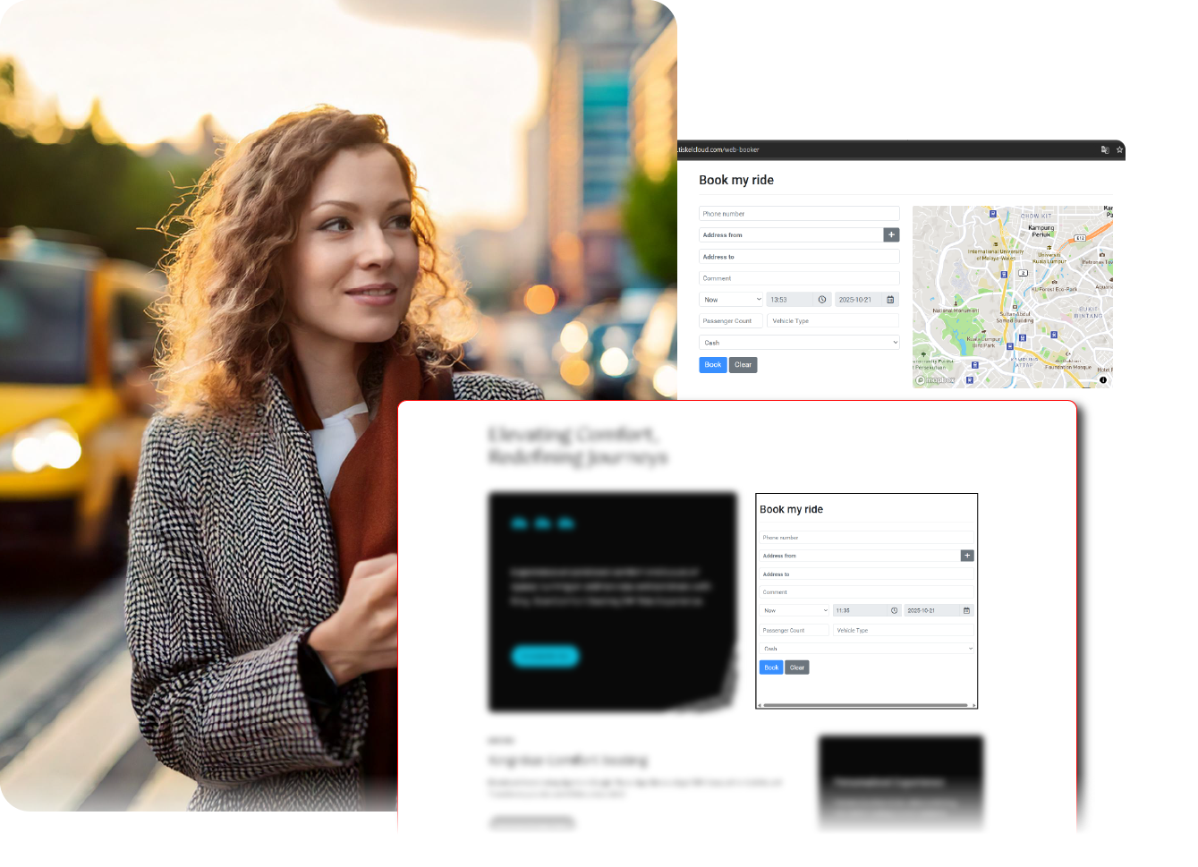 A dispatcher wearing a headset operating a taxi dispatch system. The screens display charts, a map with taxi icons, and an interface for managing orders and drivers